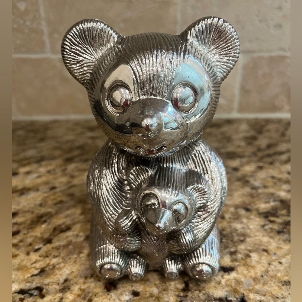 Godinger Vintage Silver Plated Mama Bear & Baby Bear Piggy Coin Bank